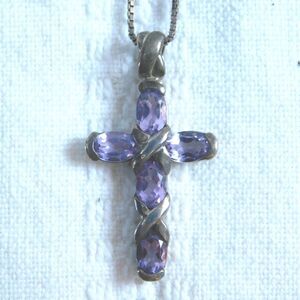 925 Padova PD Sterling Silver Amethyst Oval Purple Cross Pendant Necklace Chain